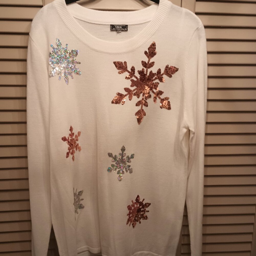 Lisa International Knit Christmas Sweater with Sequin Snow Flakes.